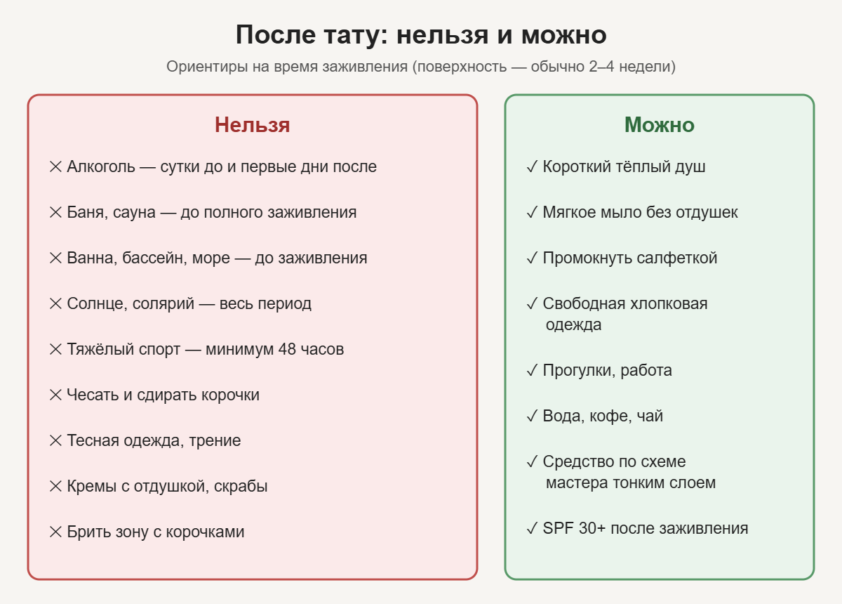 Инфографика: что нельзя и что можно делать после тату в период заживления