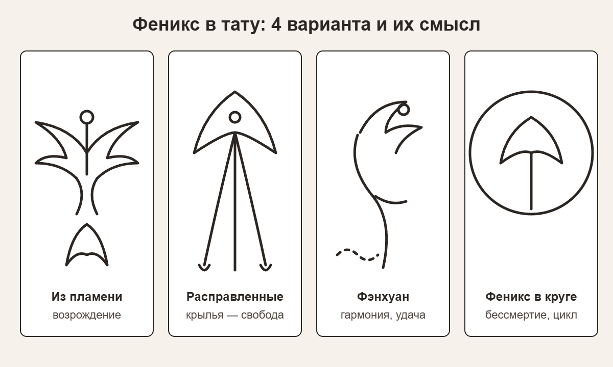 Четыре эскиза тату феникс: из пламени, с расправленными крыльями, фэнхуан, феникс в круге и их значения