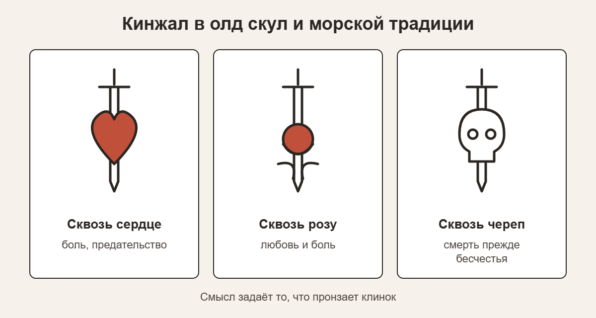 Эскизы кинжала в олд скул: сквозь сердце, сквозь розу, сквозь череп и их значения