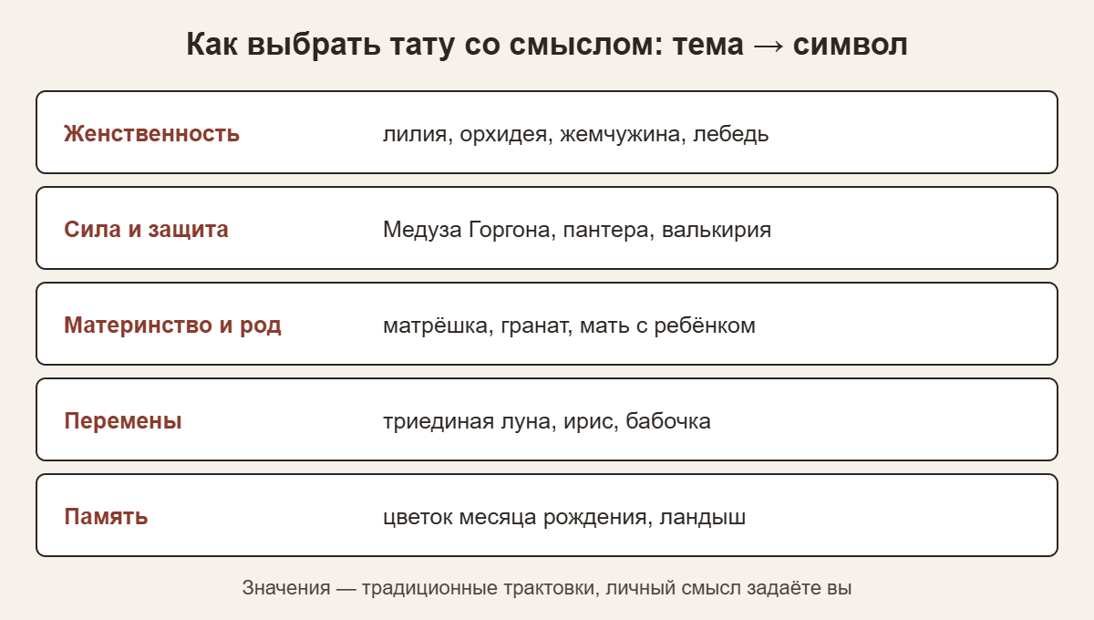 Схема выбора тату для девушек: пять тем — женственность, сила, материнство, перемены, память — и подходящие символы