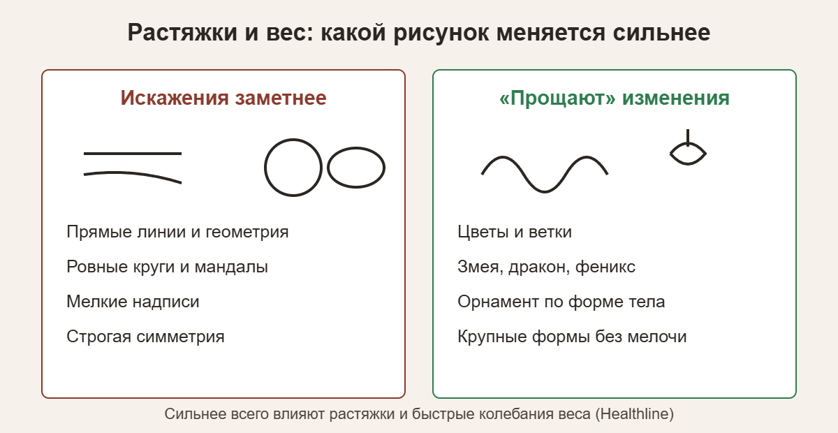 Как тату на бедре меняется при растяжках и весе: геометрия и надписи против цветов и змей