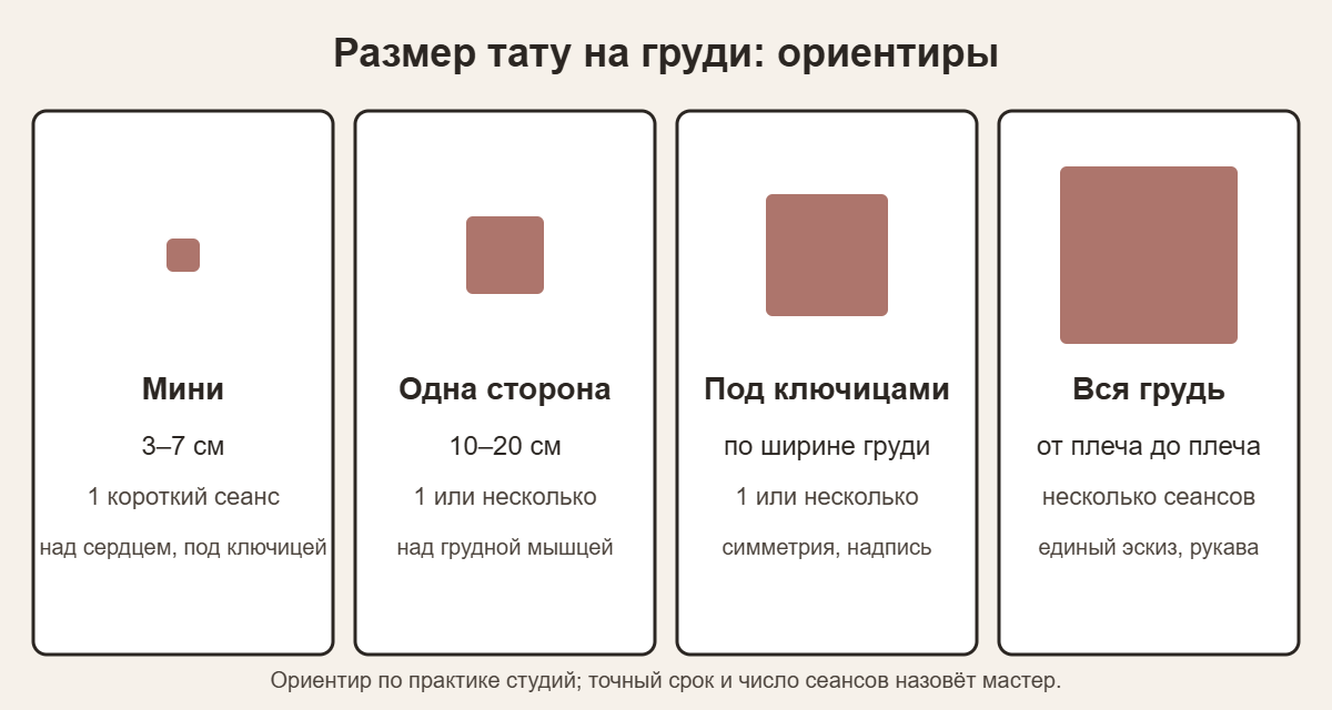 Ориентиры размера тату на груди: мини, одна сторона, под ключицами, вся грудь — размеры и число сеансов