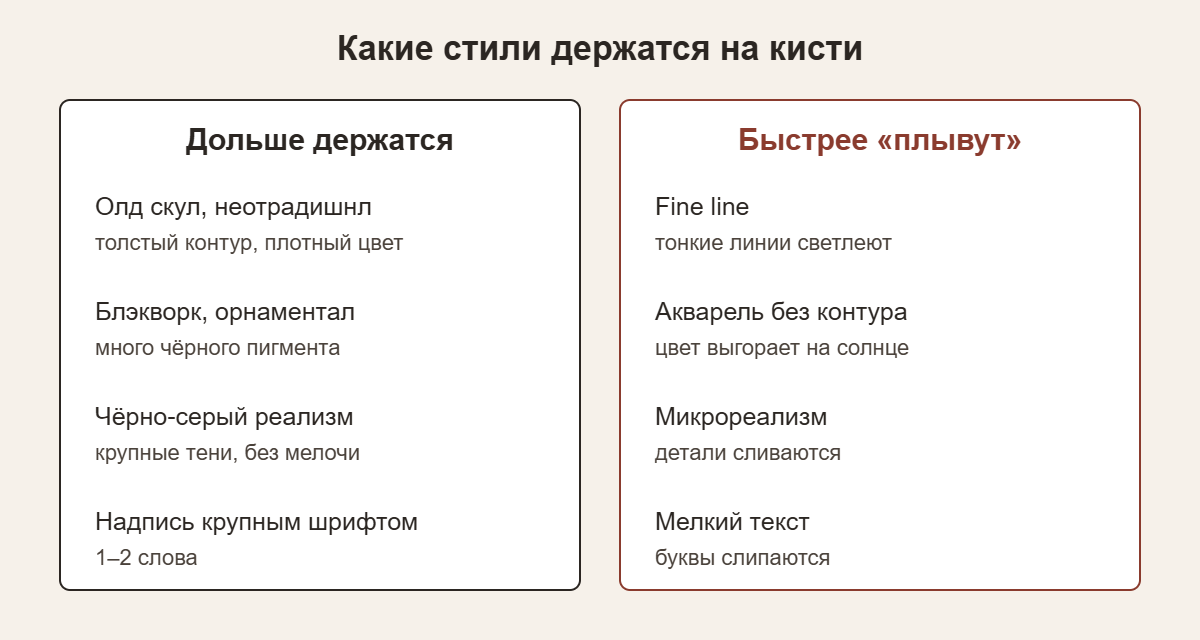 Какие стили тату на кисти держатся дольше: олд скул, блэкворк, орнаментал против fine line и акварели