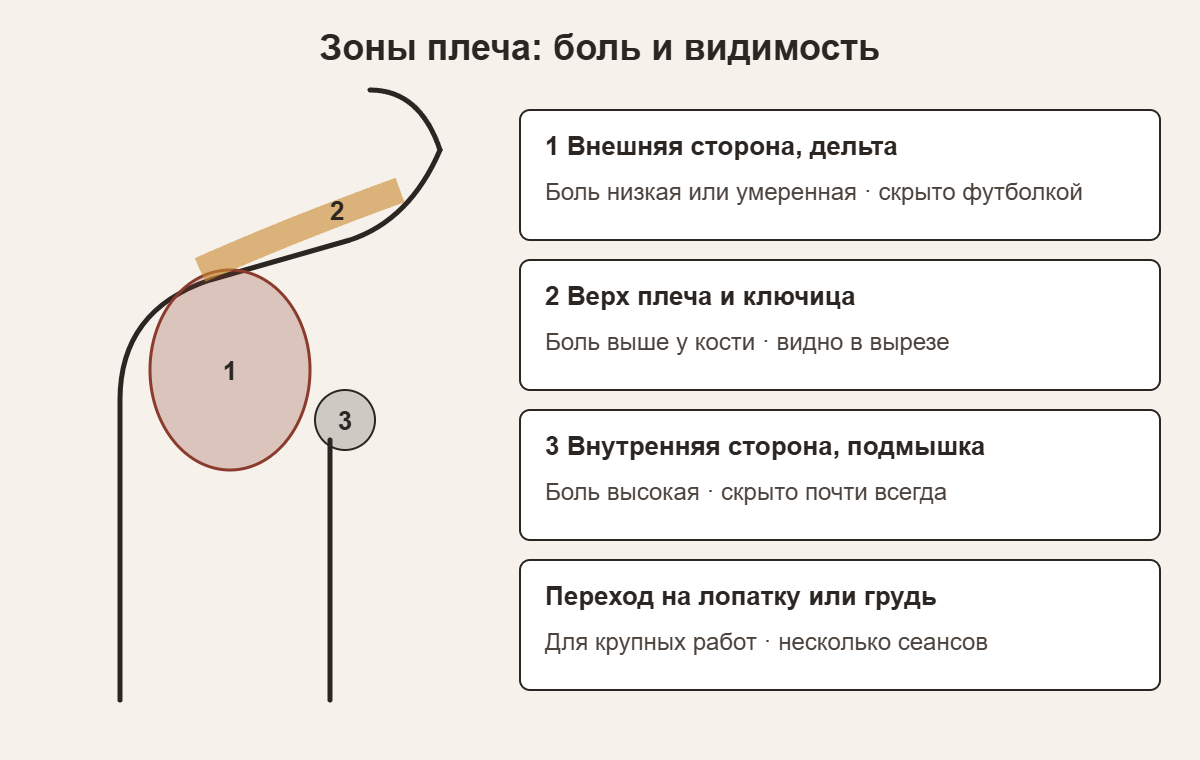 Схема зон плеча: внешняя сторона, верх плеча и ключица, подмышка — боль и видимость
