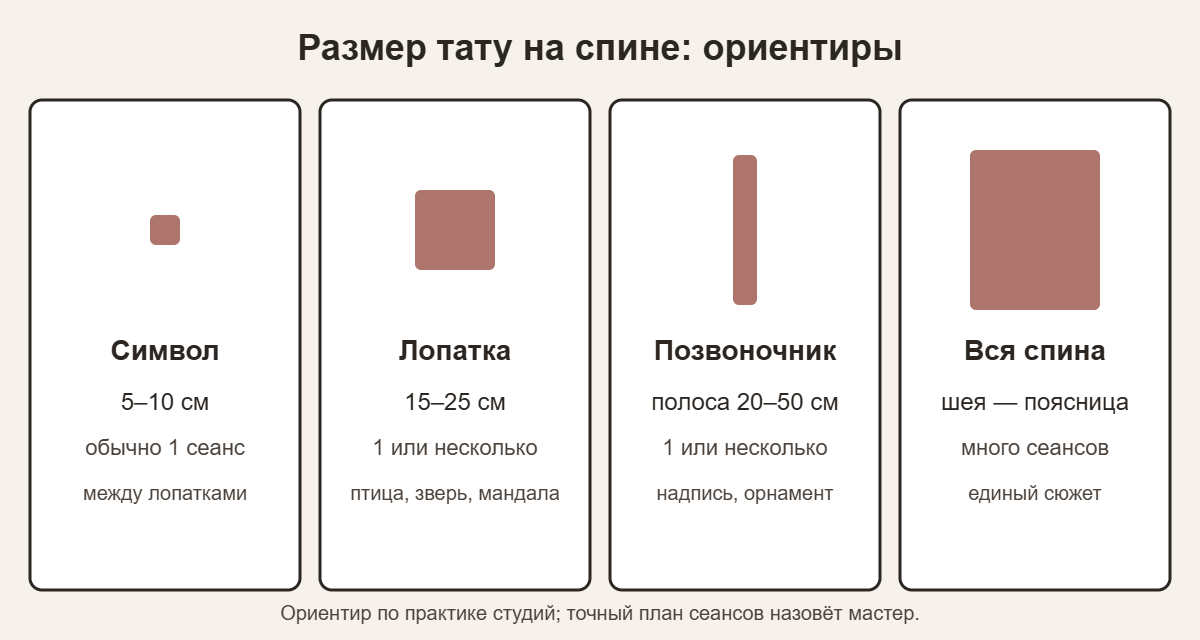 Ориентиры размера тату на спине: символ, лопатка, позвоночник, вся спина — размеры и сеансы