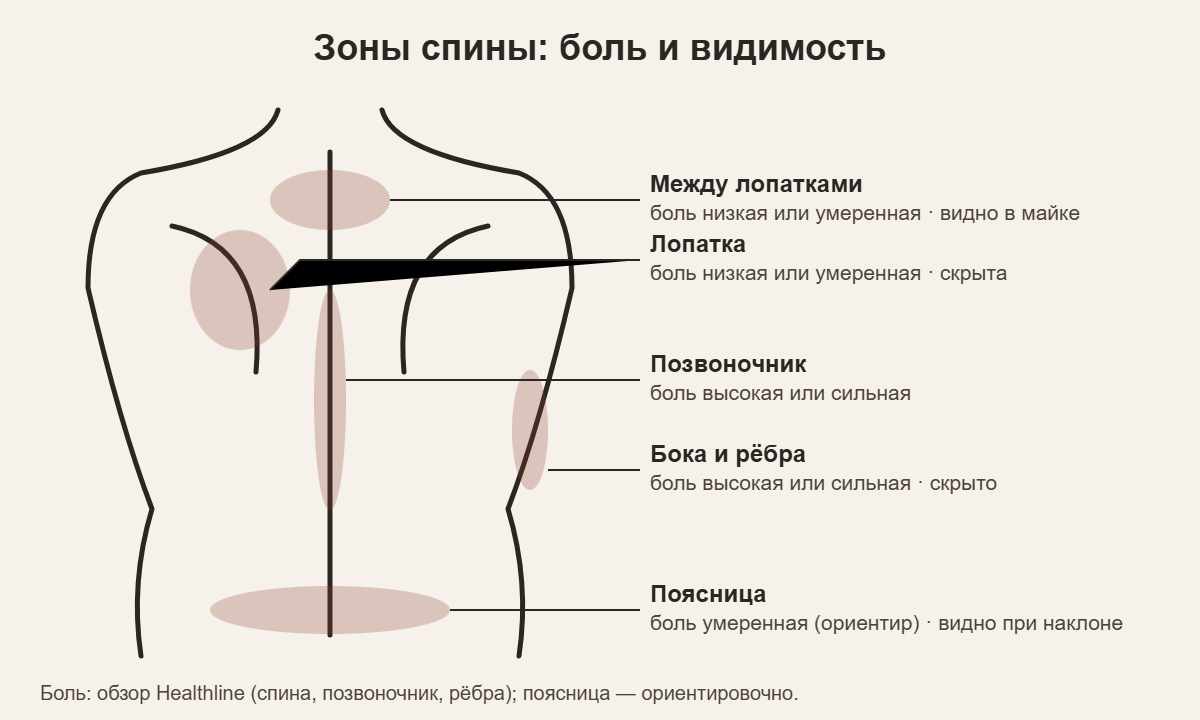 Схема зон спины для тату: между лопатками, лопатка, позвоночник, бока, поясница — боль и видимость