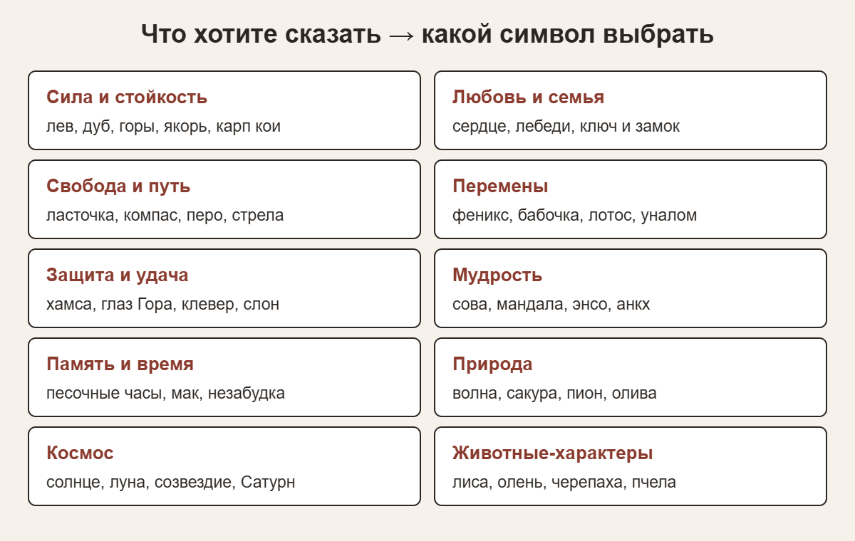 Схема: 10 тем смыслов тату и подходящие символы для каждой