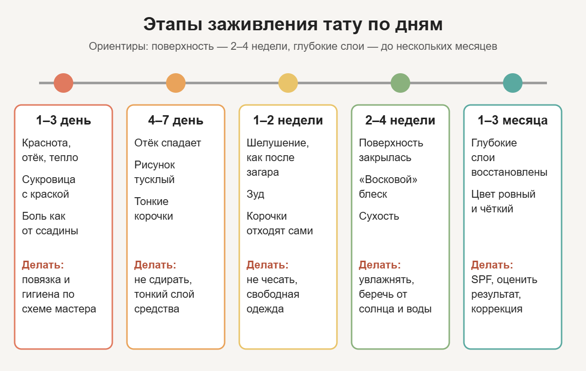 Инфографика: этапы заживления тату по дням — от 1–3 дня до 1–3 месяцев, что происходит и что делать