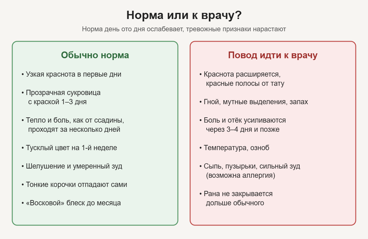 Сравнение: нормальные симптомы заживления тату и признаки, с которыми нужно идти к врачу