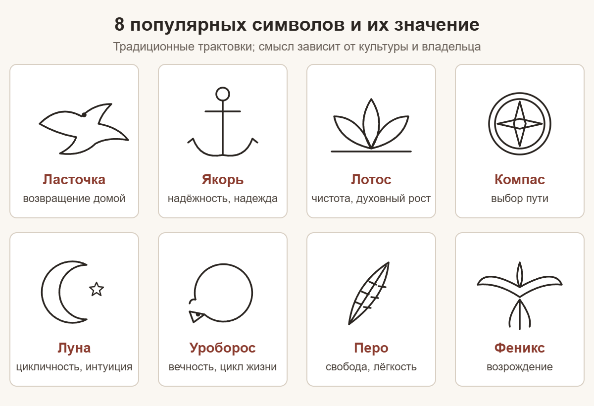 Эскизы восьми популярных тату-символов и их значение: ласточка, якорь, лотос, компас, луна, уроборос, перо, феникс